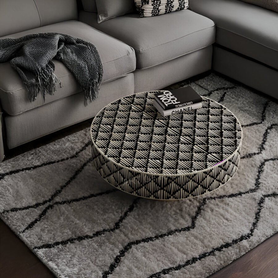 Bone Inlay Round Coffee Table with Metal Base - Tribal Diamond