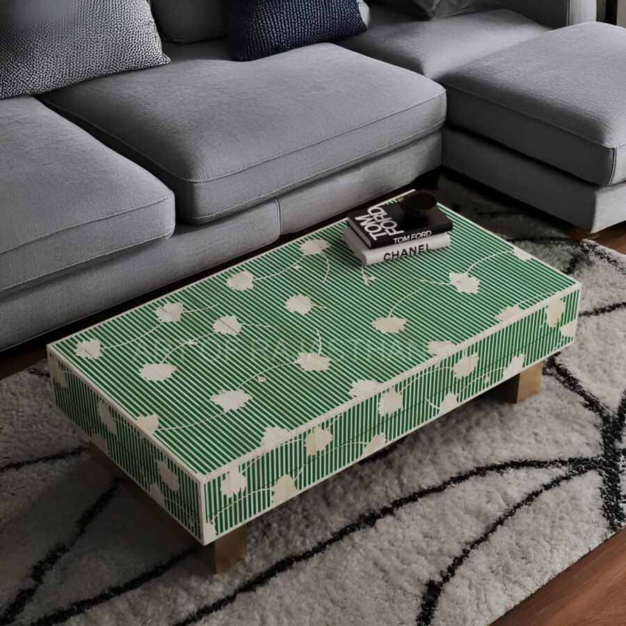 Bone Inlay Rectangular Coffee Table Motif Floral - Teal Green
