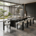 Solid Acacia Wood Rectangular Dining Table with 10 Bouclé Fabric Chairs – Modern Dining Room Set (8 & 10 Seater Options)