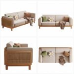 Malabar 3-Seater Mango Wood Velvet Upholstered Sofa with Rattan Cane Backrest - Image 5
