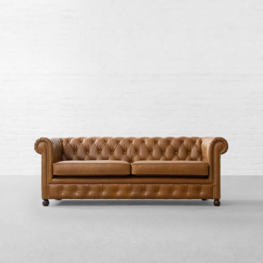 Windsor Chesterfield Tufted 3-Seater Leather Sofa - Honey Brown