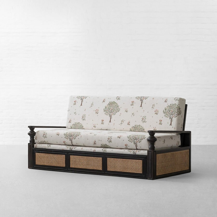 Los Angeles Printed Fabric Sofa Cum Bed with Cane Frame