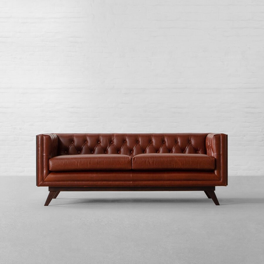 Lucera Chesterfield Tufted Leather Sofa with Handwoven Rattan – 3-Seater