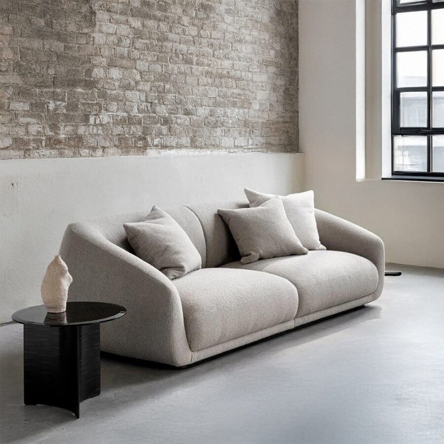 Velissa Looped Yarn Fabric Upholstered Beige Curved 4-Seater Sofa