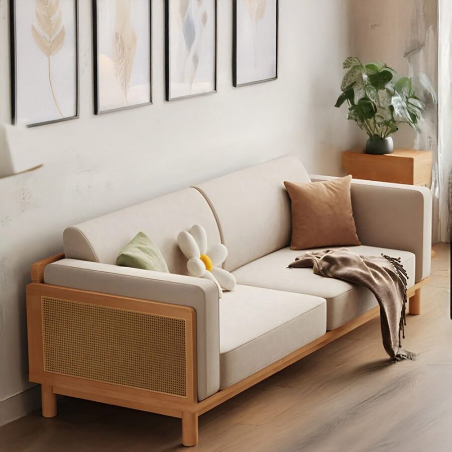 Malabar 3-Seater Teak Wooden Velvet Upholstered Sofa with Rattan Cane Backrest