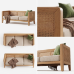 Malabar 3-Seater Mango Wood Velvet Upholstered Sofa with Rattan Cane Backrest - Image 10