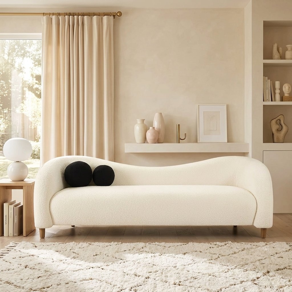 00 (1) Amara Boucle Upholstery Three-Seater Curved Sofa - Beige & Grey - Image 1