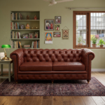 New Jersey Genuine Leather Chesterfield Tufted 3-Seater Sofa - Brown