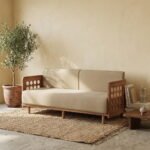 Beige Wooden 3 Seater Sofa – Modern Minimalist Living Room Piece