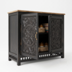 Hand-Carved Mango Wooden 2 Door Cabinet with Floral Motifs - Indigo Blue - Image 2