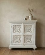 Hand-Carved Mango Wooden Cabinet - 2 Door Grey| Vintage Floral Storage - Image 12