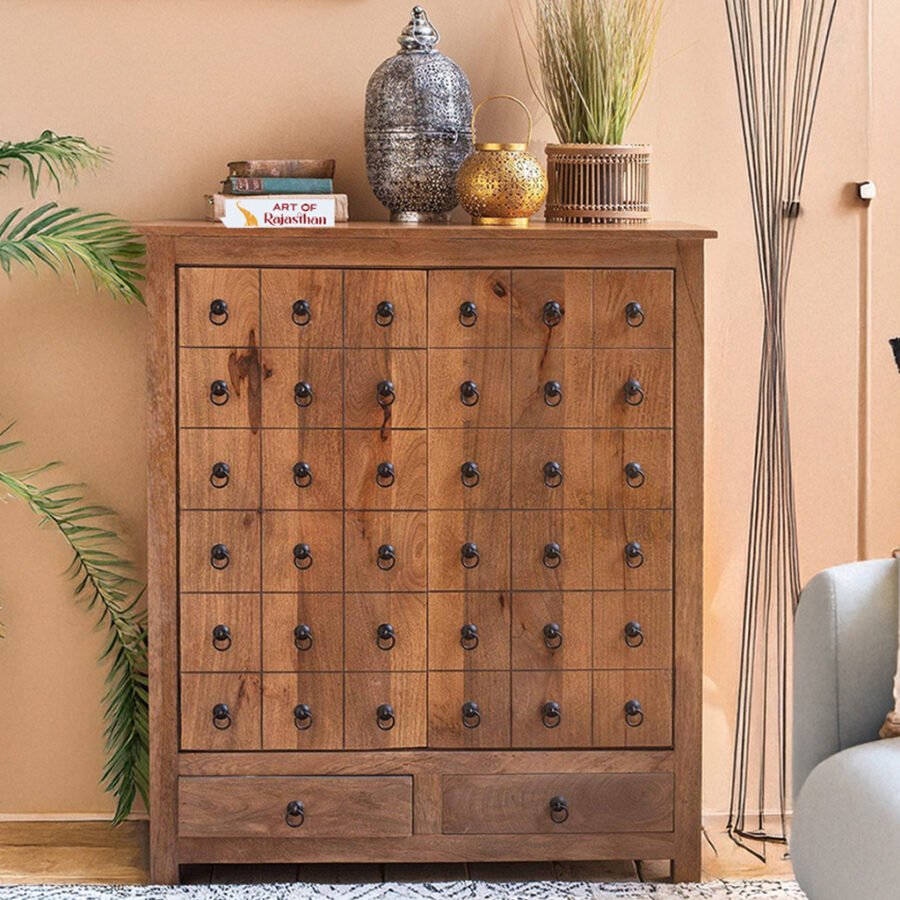 Solid Mango Wood Apothecary Cabinet | Vintage Drawer Chest