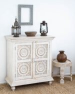 Hand-Carved Mango Wooden Cabinet - 2 Door Grey| Vintage Floral Storage - Image 8