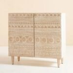 Hand-Carved Tribal Mango Wooden Cabinet with Wine Rack Storage - Image 2