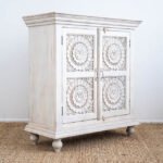 Hand-Carved Mango Wooden Cabinet - 2 Door Grey| Vintage Floral Storage - Image 6