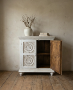 Hand-Carved Mango Wooden Cabinet - 2 Door Grey| Vintage Floral Storage - Image 3