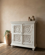 Hand-Carved Mango Wooden Cabinet - 2 Door Grey| Vintage Floral Storage - Image 2