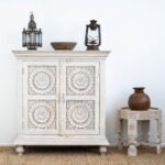 Hand-Carved Mango Wooden Cabinet - 2 Door Grey| Vintage Floral Storage - Image 14