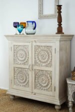 Hand-Carved Mango Wooden Cabinet - 2 Door Grey| Vintage Floral Storage - Image 11