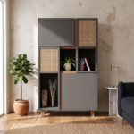 Modern Cane Panel Wooden Cabinet with Open Shelves