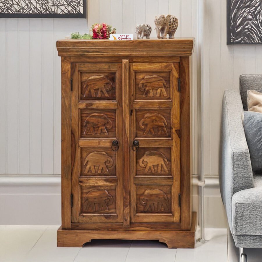 Hand-Carved Sheesham Wooden Cabinet Elephant – Solid Wood Storage