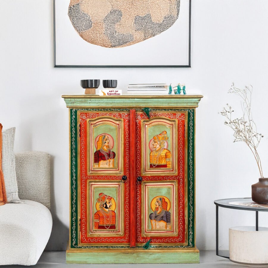 Rajasthani Mughal Hand-Painted Acacia Wooden Cabinet – Royal Artwork