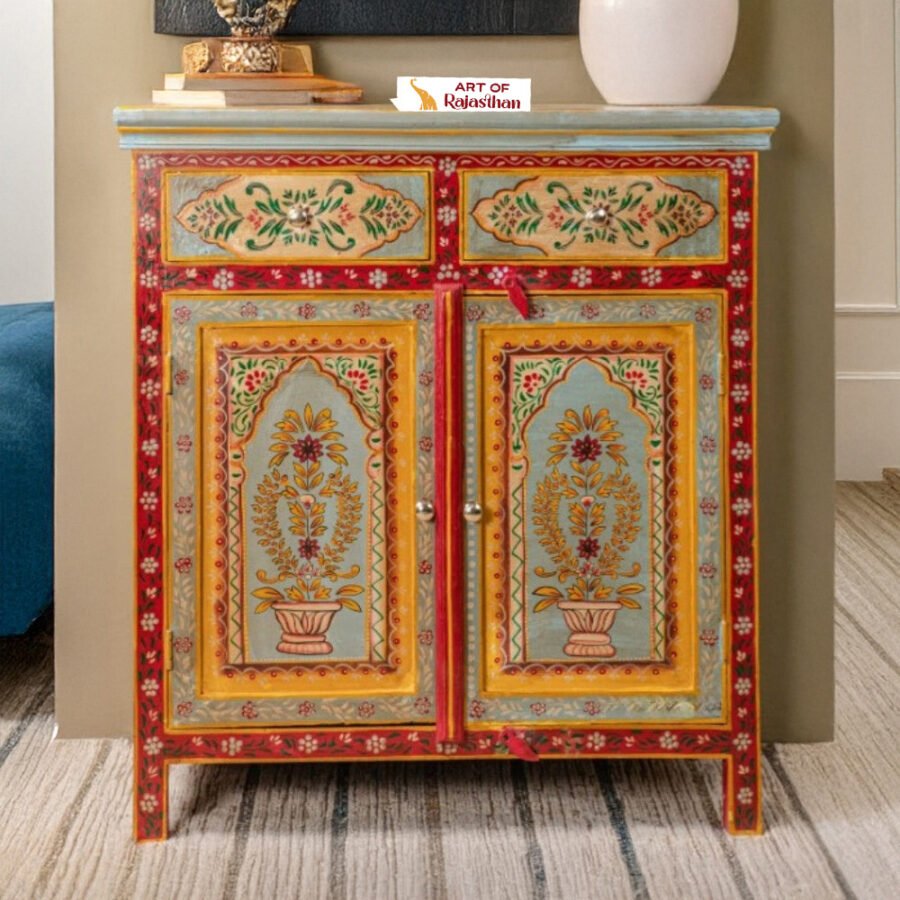 Rajasthani Hand-Painted Mango Wooden Cabinet 2 Door and 2 Drawer – Art Decor