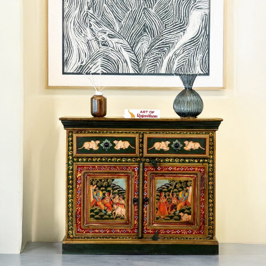 Rajasthani Hand-Painted Acacia Wooden Cabinet – Ethnic Storage Unit