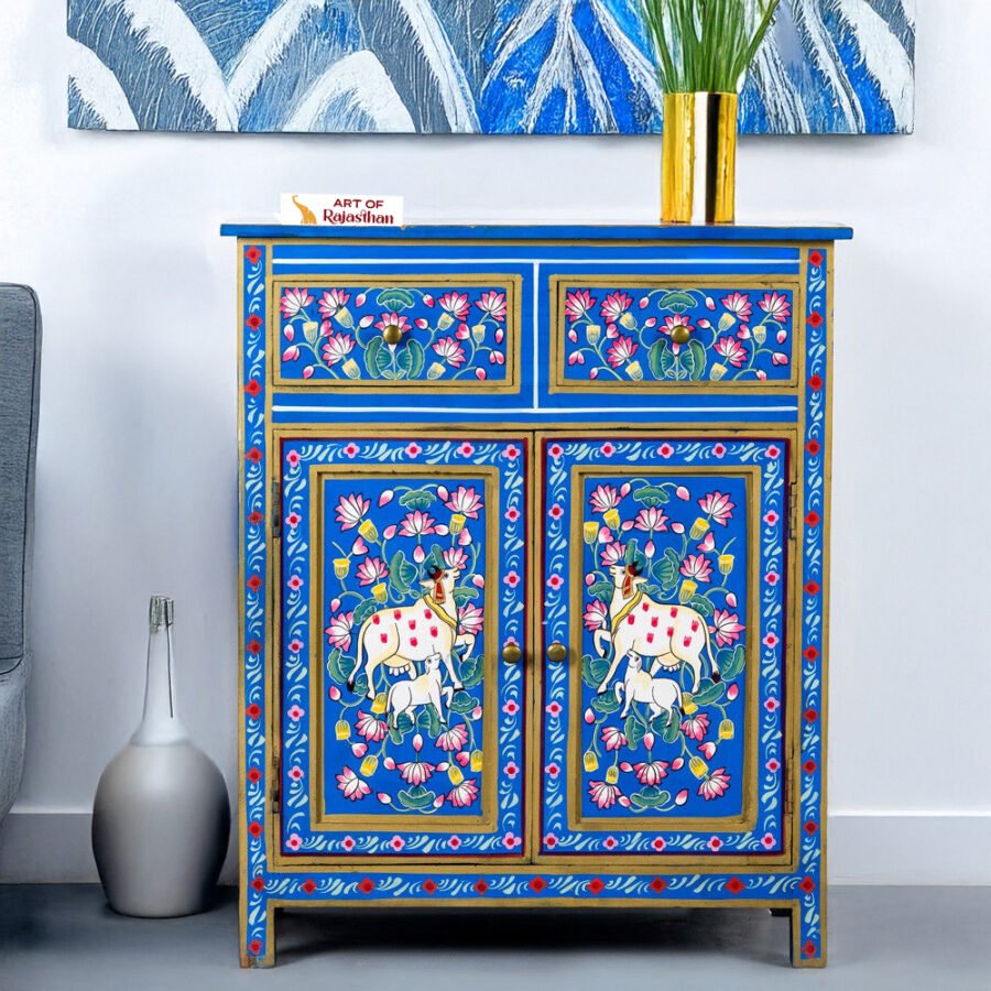 Rajasthani Hand-Painted Gau Acacia Wooden Cabinet Indigo – Lotus Art