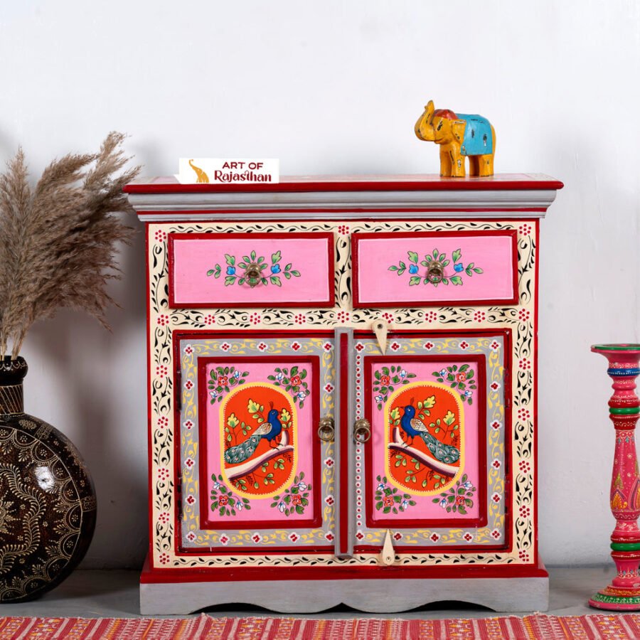 Hand-Painted Rajasthani Acacia Wood Cabinet | Peacock Design Storage