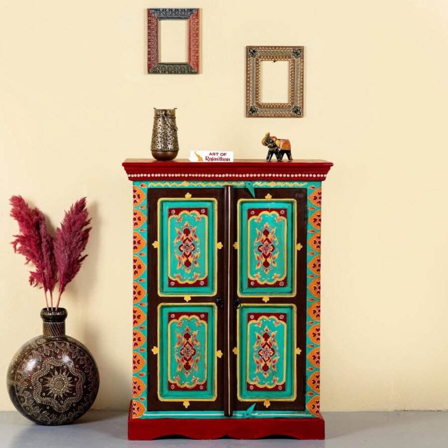 Rajasthani Hand-Painted Acacia Wooden Cabinet – Vibrant Home Décor