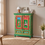 Hand-Painted Rajasthani Radha Rani Mango Wood Cabinet-2 Door and 2 Drawer | Traditional Artwork Unit