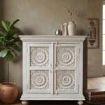 Hand-Carved Mango Wooden Cabinet - 2 Door Grey| Vintage Floral Storage