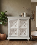 Hand-Carved Mango Wooden Cabinet - 2 Door Grey| Vintage Floral Storage