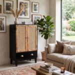 Mango Wood 2 Door Rattan Cabinet Black| Modern Storage Cupboard