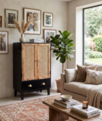 Mango Wood 2 Door Rattan Cabinet Black| Modern Storage Cupboard