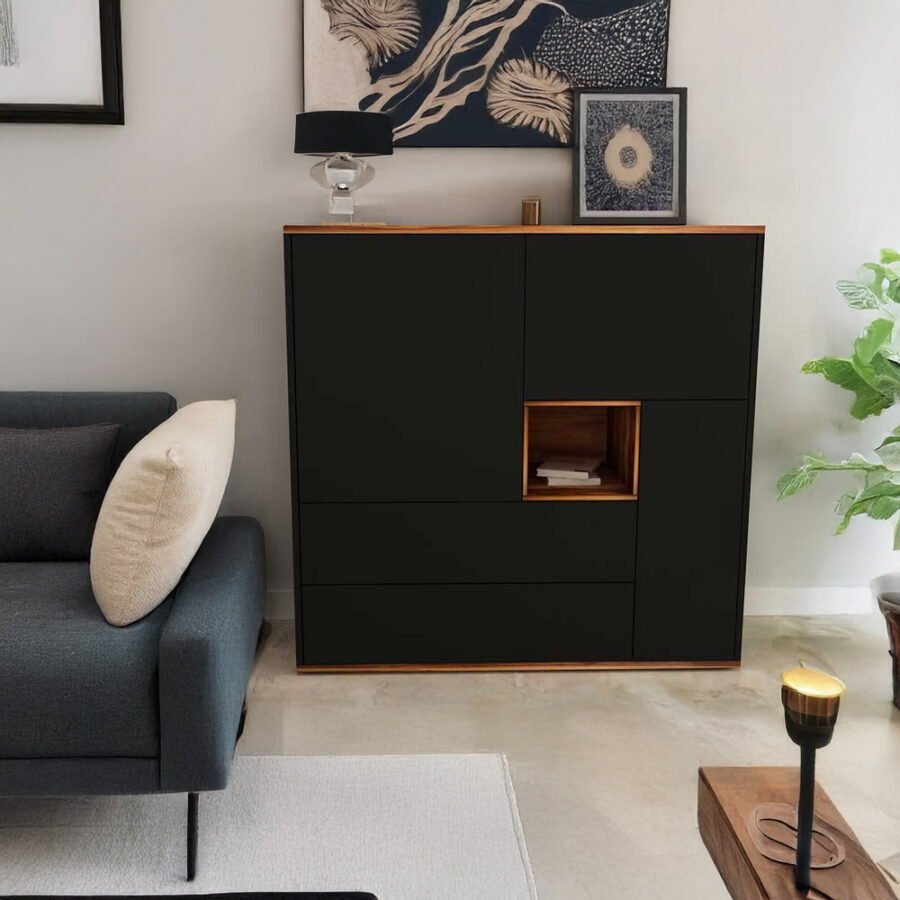 Modern Matte Black Wooden Cabinet with Open Display Slot