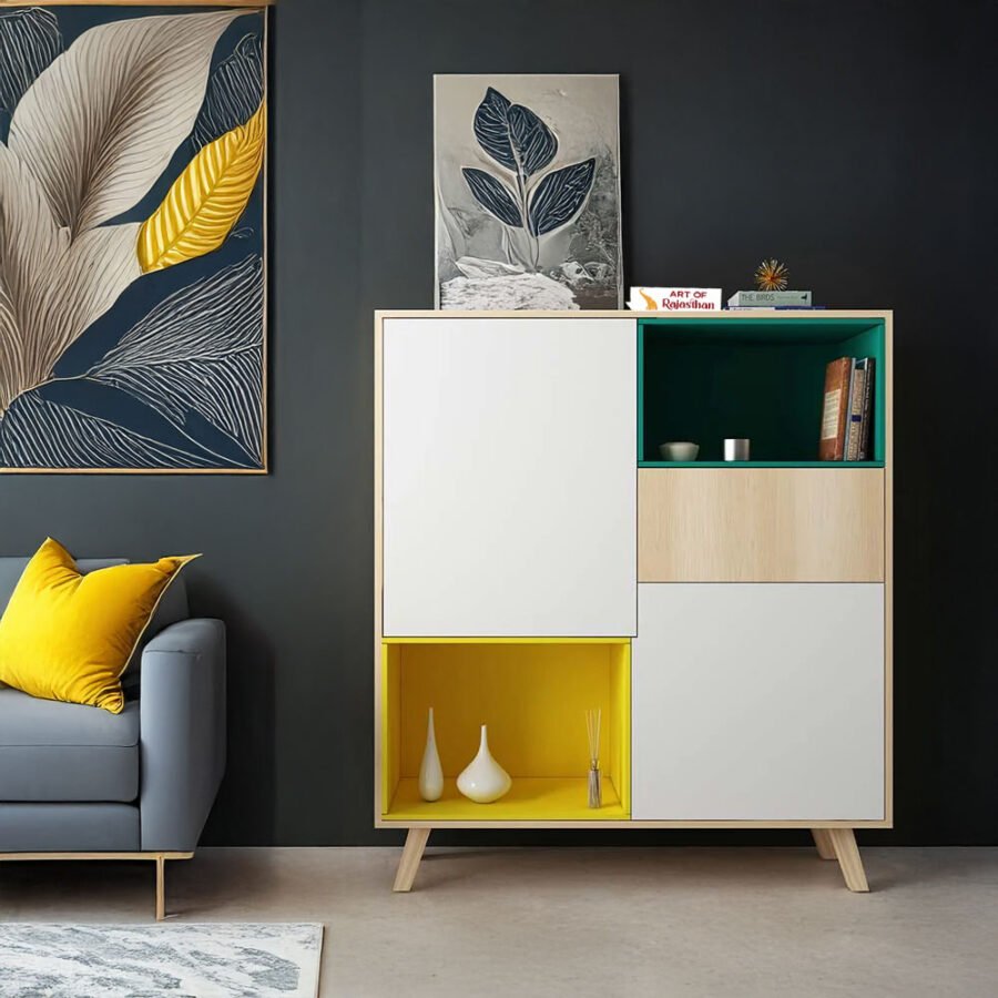 Modern Multicolor Wooden Cabinet with Open Storage Shelves