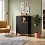 Modern Black Wooden Storage Cabinet with 4 Drawers & Open Display Shelf