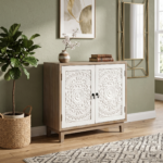 Hand Carved 2 Door Mango Wood Cabinet - White