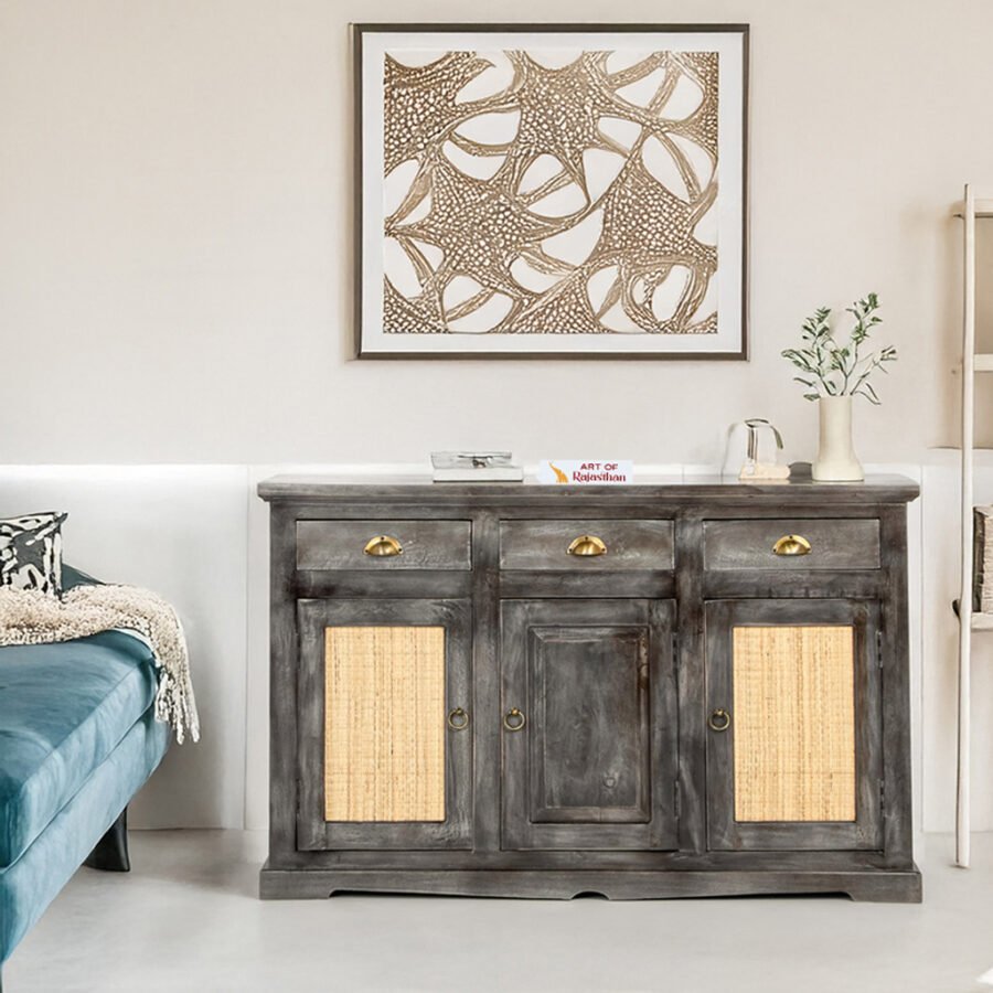 Rustic Grey Sheesham Wood Sideboard | Wooden Cane Panel Storage Unit
