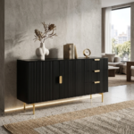 Modern Black Wooden Fluted Sideboard with Gold Handles | Luxury Storage Cabinet