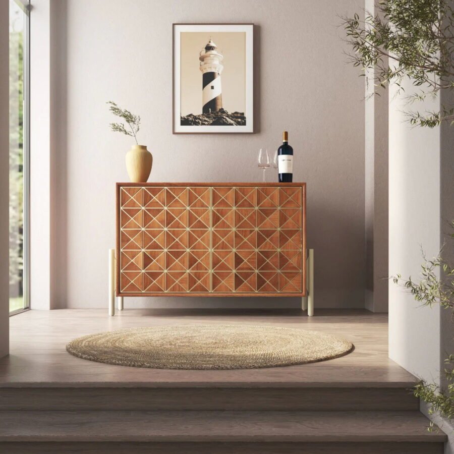 Solid Wood 2 Door Sideboard Cabinet with Geometric Design