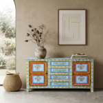 Hand Painted Solid Wood Sideboard | Multicolor Floral Storage Cabinet