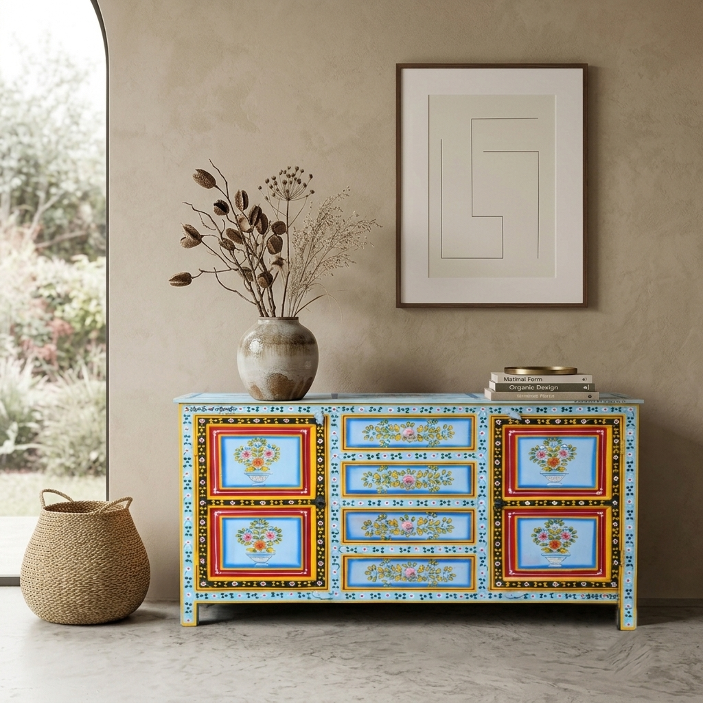42 (5) Hand Painted Solid Wood Sideboard | Multicolor Floral Storage Cabinet - Image 1