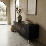 Mango Wood Black Carved Sideboard Sunburst | Luxury Sunburst Storage Cabinet - Image 2