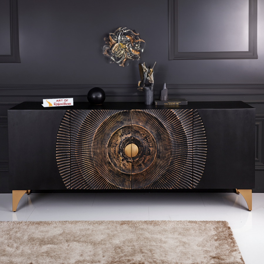 Mango Wood Black Carved Sideboard Sunburst | Luxury Sunburst Storage Cabinet