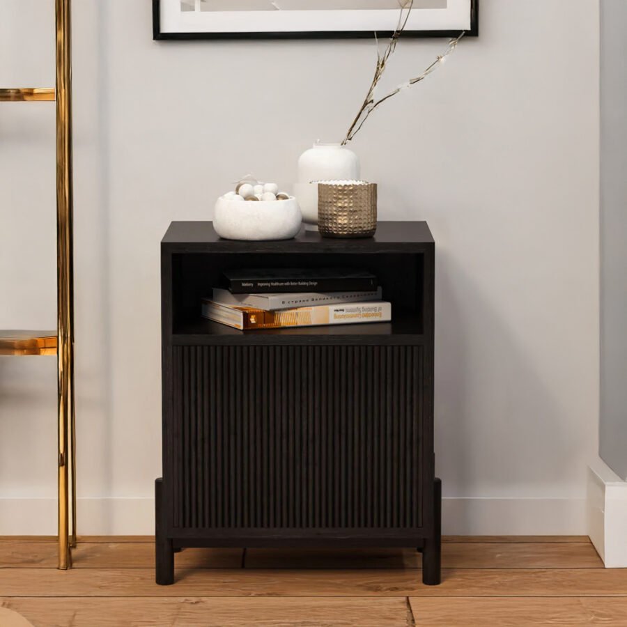 Modern Solid Wood  Bedside Table - Black Fluted with Storage Cabinet