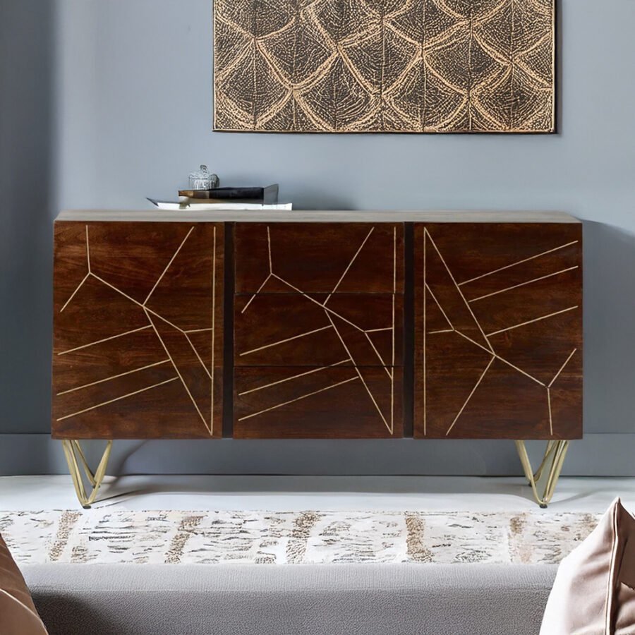 Mango Wood 2 Door Sideboard with 3 Drawers | Modern Wooden Storage Cabinet