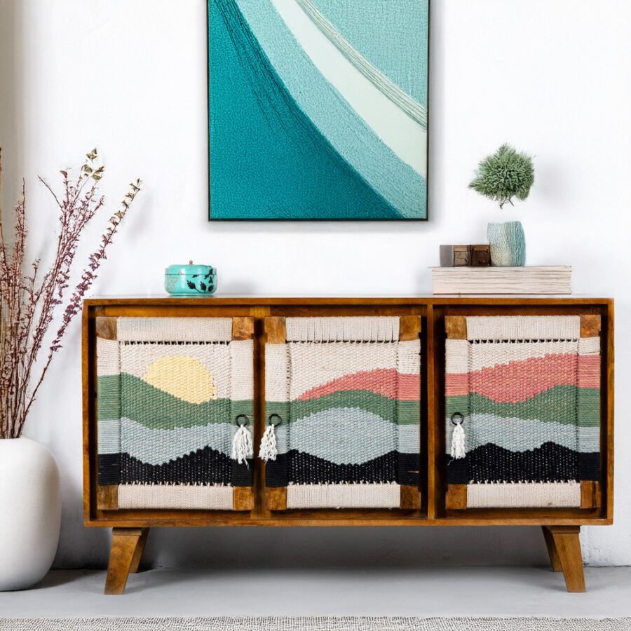 Handwoven Teak Wood Sideboard - 3 Door Cabinet | Modern Wooden Storage Unit